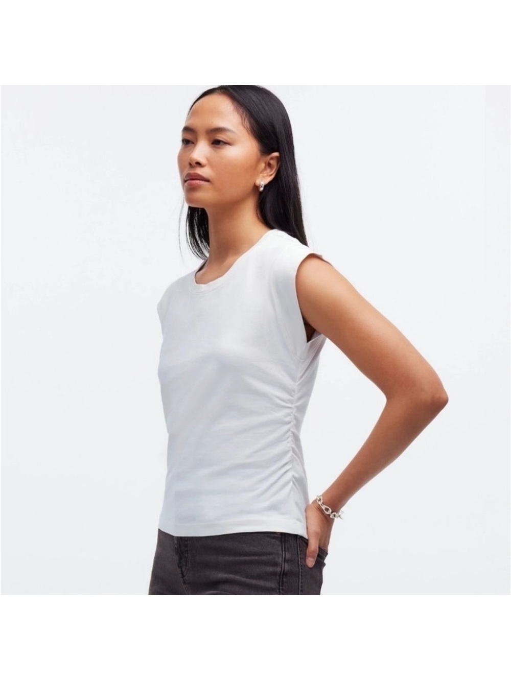 Madewell White Side-Ruched Muscle Crewneck Tank Size Large NWT
